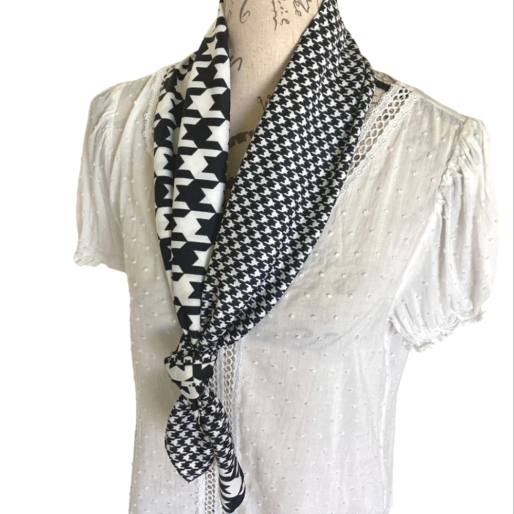 Oversized Square Black White Houndstooth Satin Scarf Neck hair Preppy Classic 💖 - Picture 8 of 13